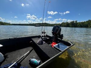 A picture of a 12-foot jon boat in flatwater conditions.