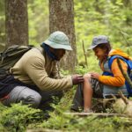 A person treating another person on a camping trip with an injury